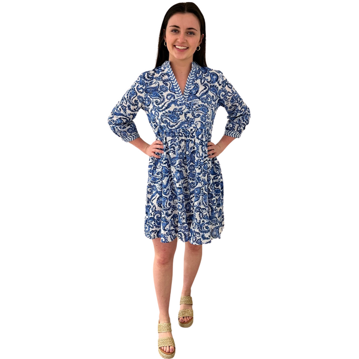 The Morley Cotton Embroidered Trim Dress in Blue and White — view 2