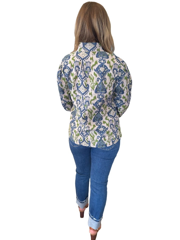 The Shipley Top in Green Blue Ikat Cotton