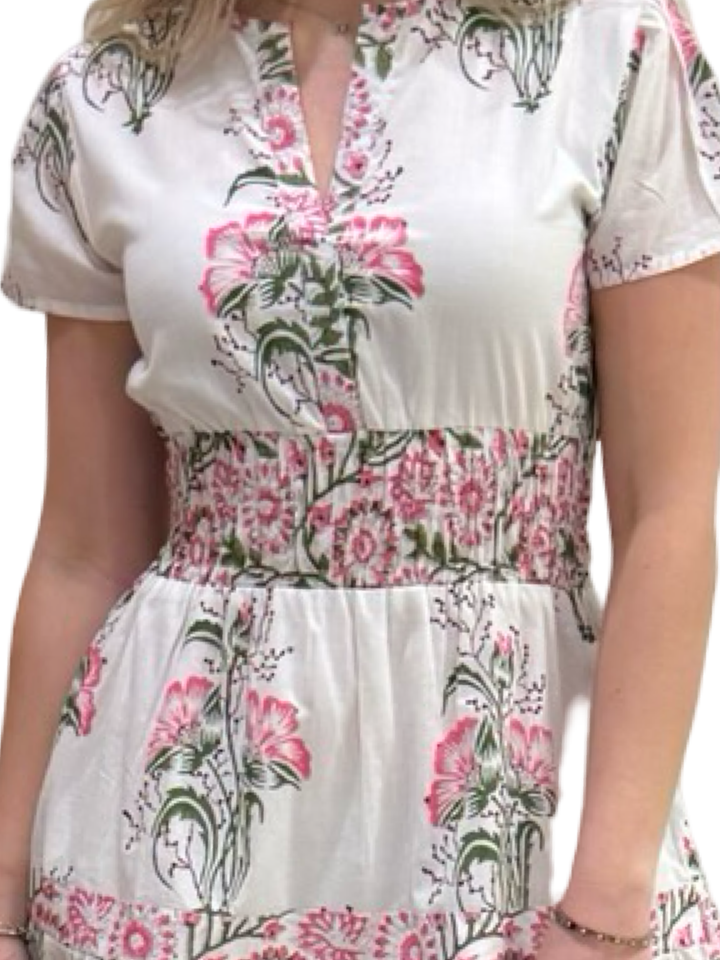 The Sydney Short Sleeve Hand Block Printed Cotton Dress in Pink Motif — view 3