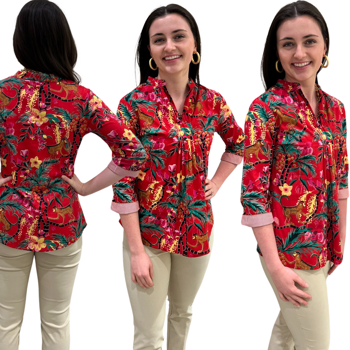The Eloise Cotton Monkey Print Top in Crimson — view 7
