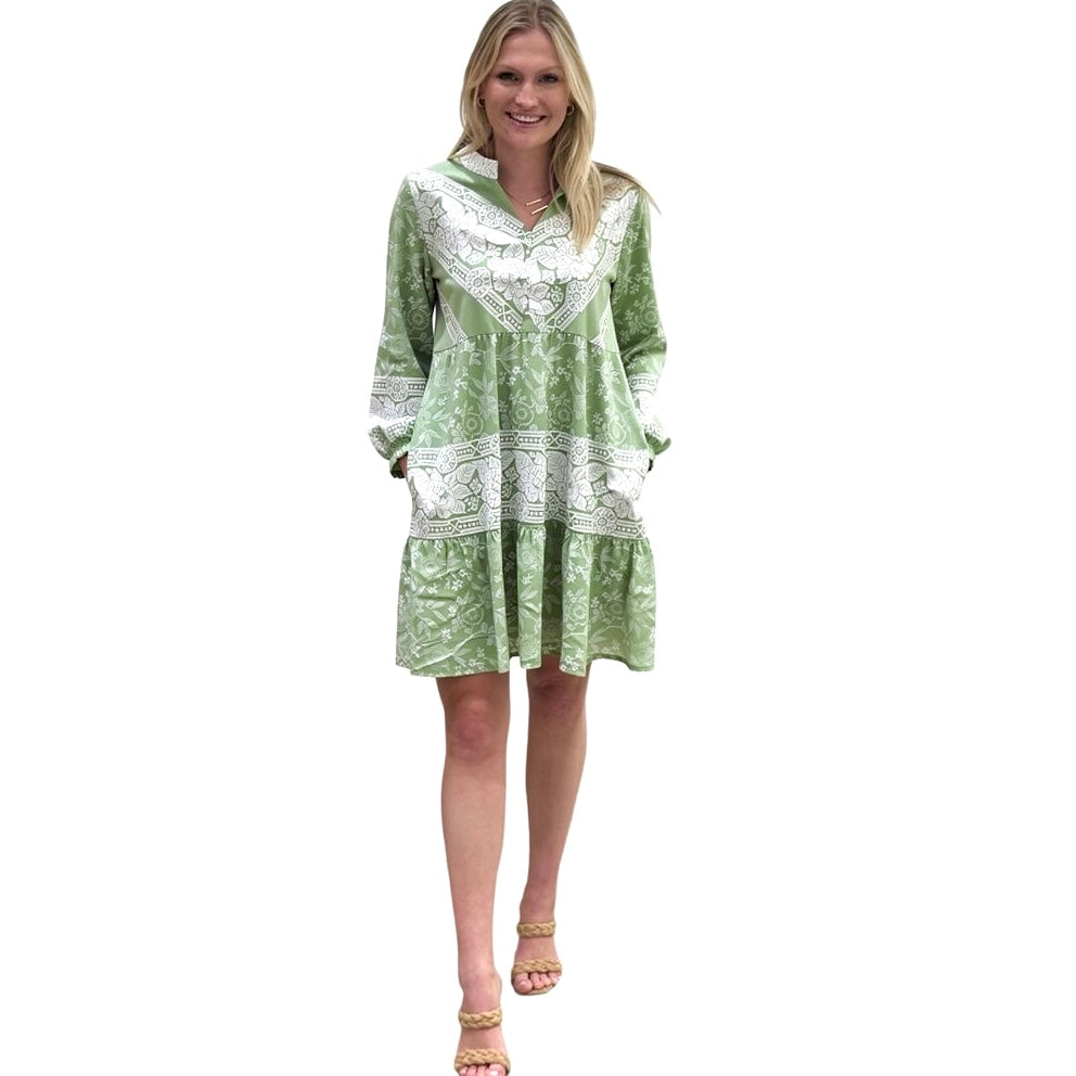 The Alexa Border Print Dress in Sage Green
