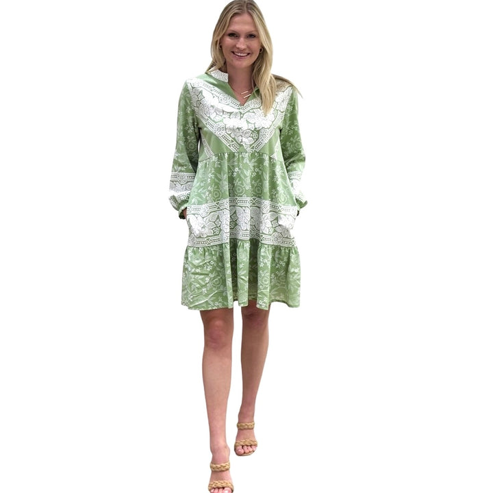 The Alexa Border Print Dress in Sage Green