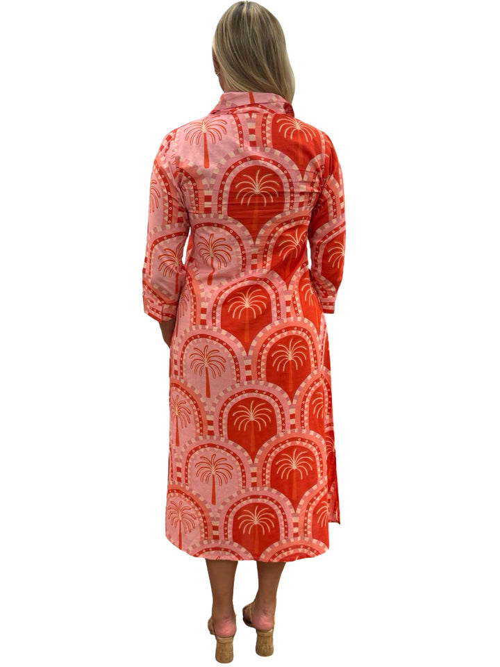 The Lisette Pink and Coral Palm Print Cotton Dress