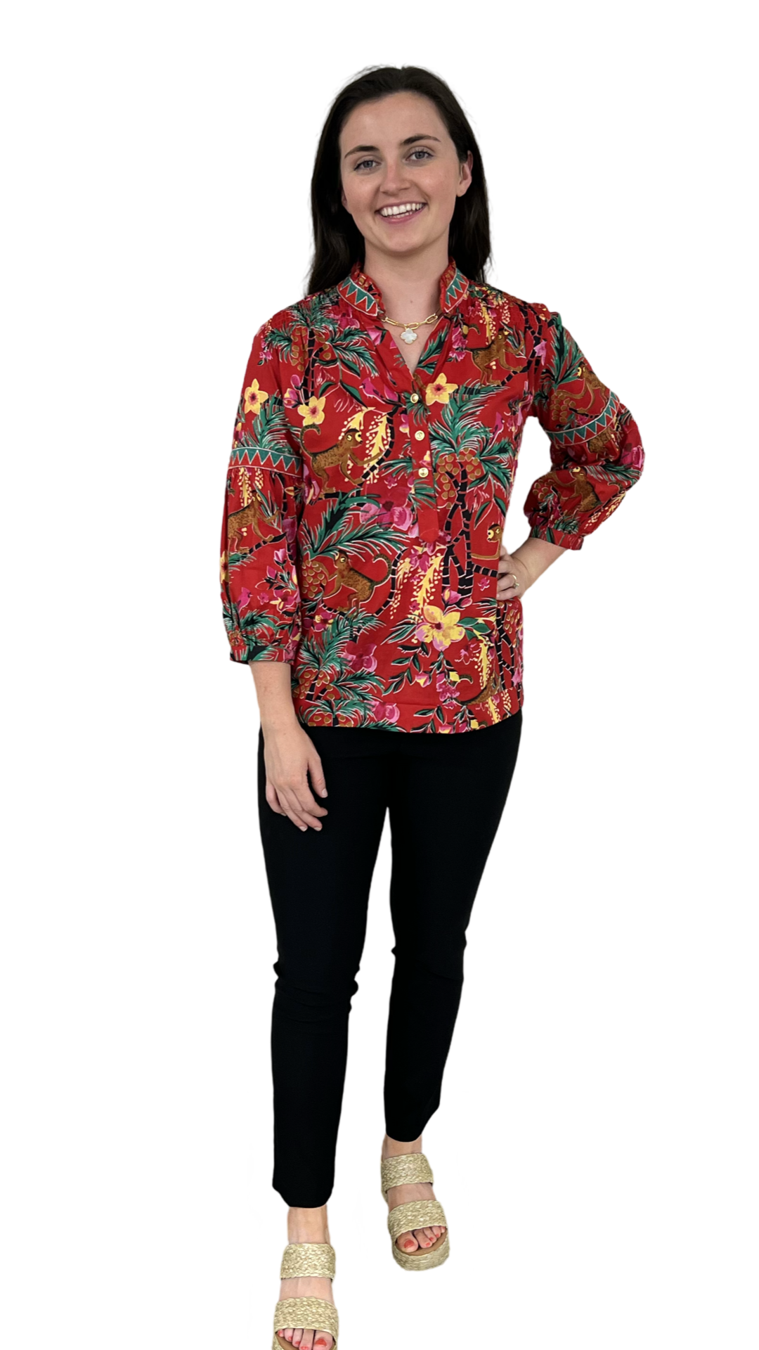 The Mckenzie Cinch Back Top in Hand Blocked Monkey Print Floral — view 2