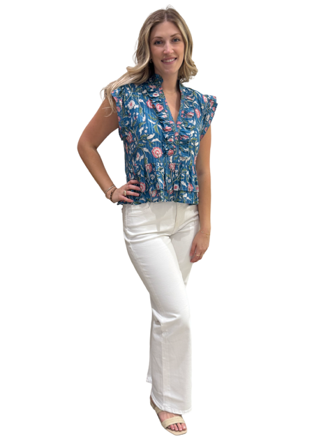 The Bella Flutter Sleeve Top in Blue Pink Metallic