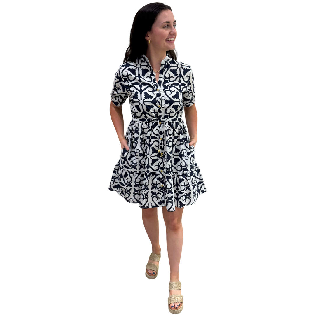The Hamilton Navy White Short Sleeve Cotton Tie Front Dress — view 4