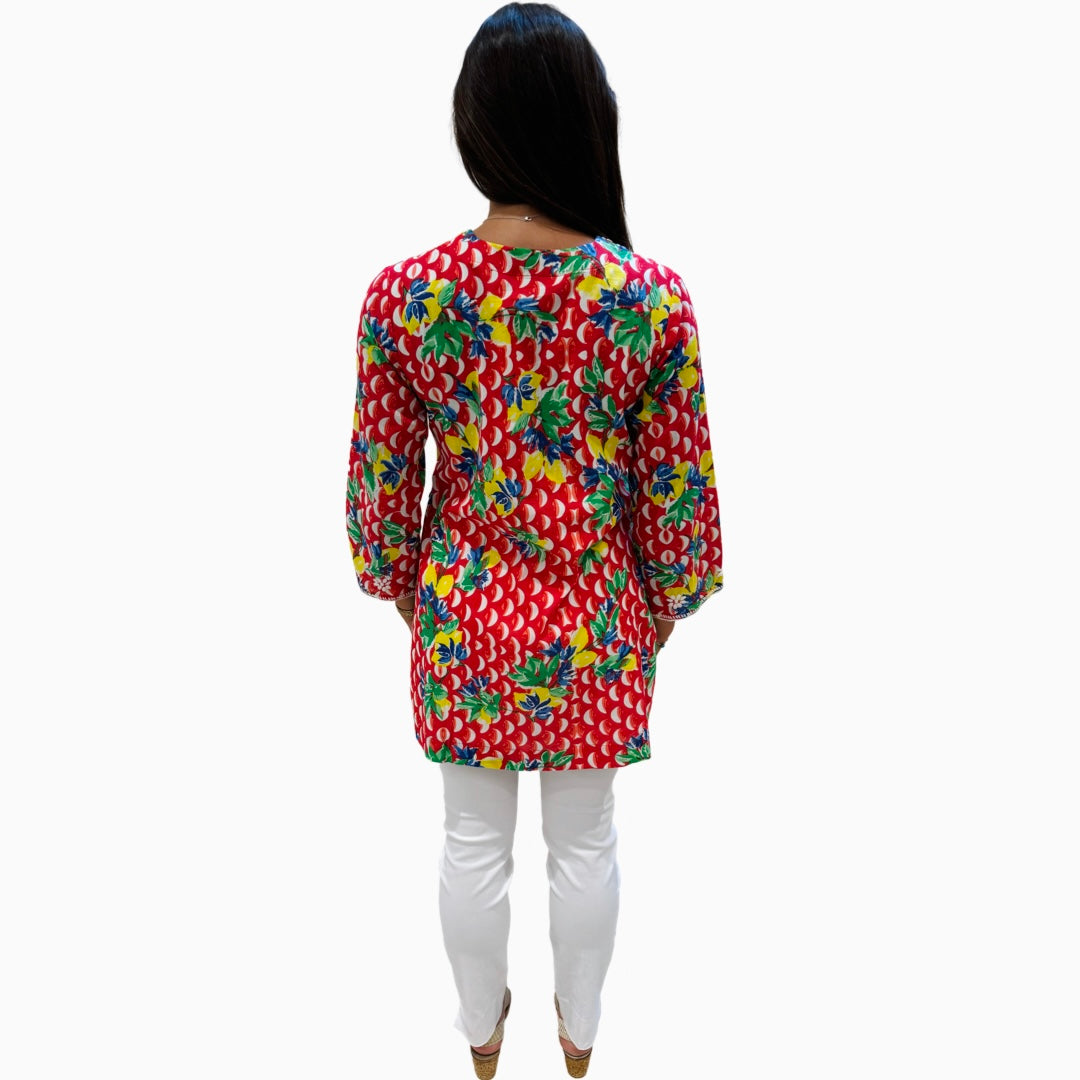 The Key Largo Embroidered Tunic in Red and White Geometric Floral — view 6