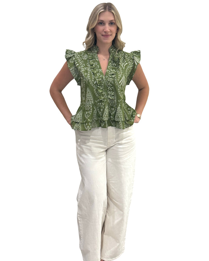 The Bella Ruffle Top in Army Green — view 3
