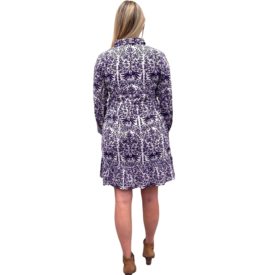 The Reagan Block Print Dress in Amethyst and White — view 5
