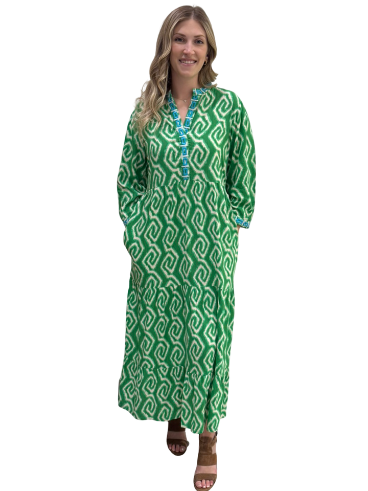 The Addison Embroidered Trim Notch Neck Dress in Green Ikat — view 3