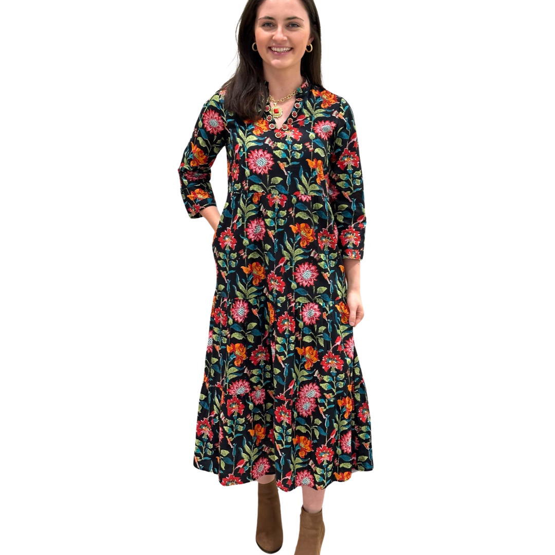 The Camilla Long Notch Collar Dress in Midnight Floral