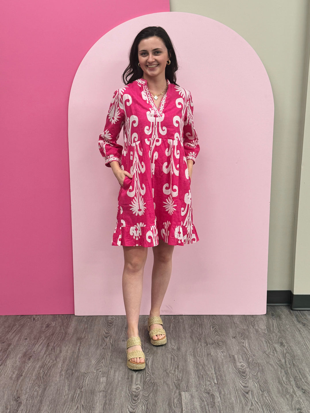 The Morley Embroidered Trim Dress in Tulip Pink — view 7