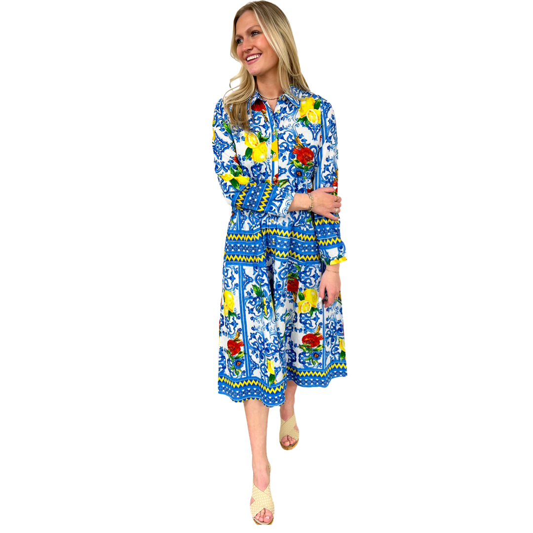 lemon print cotton dress Blue Lemon Print Cotton Midi Dress - All Dresses