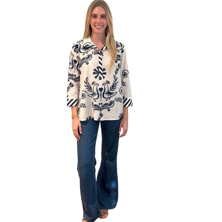 The Lisette Cotton Bird Print Top in White and Navy — view 4