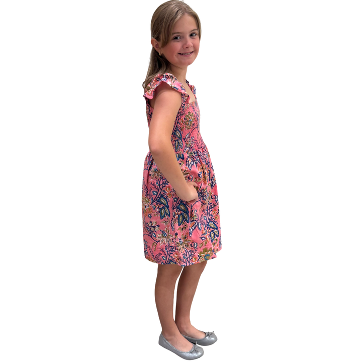 The Cloey Smocked Hand Block Printed Dress for Girls in Pink Floral — view 2
