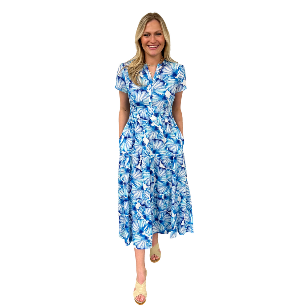 The Sydney Cinched Waist Blue White Shell Print Dress — view 2