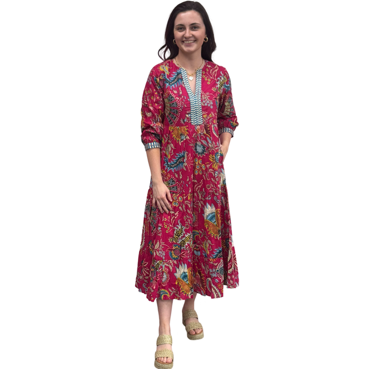 The Daniella Fuchsia Pink Hand Blocked Floral Embroidered Trim Dress — view 2