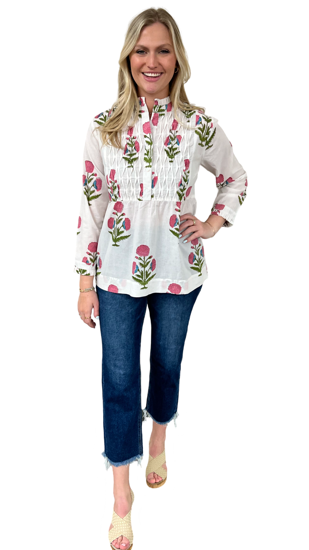 The Veronica Smocked Button Front Top in Hand-Blocked Cotton Floral — view 2