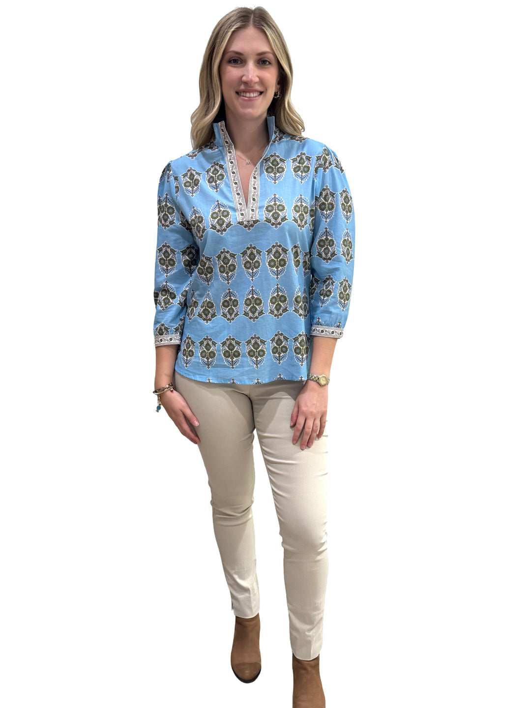 The Missy Cotton Border Print Top in Turquoise Floral