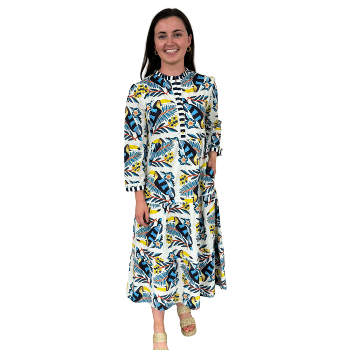 The Penny Toucan Print Midi Dress with Striped Trim — view 3