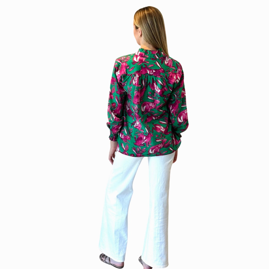The Callaway Button Front Blouse in Jade Green and Pink Bunny Print — view 5
