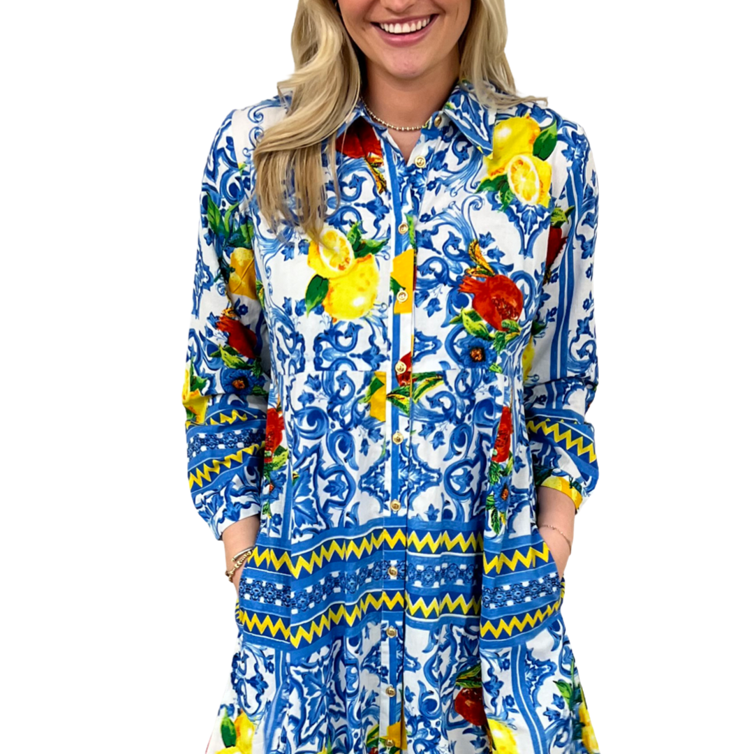 The Marion Button Front Cotton Midi Dress in Blue White Lemon Print Liza Byrd The Marion Button Front Cotton Midi Dress in Blue White Lemon Print Liza Byrd