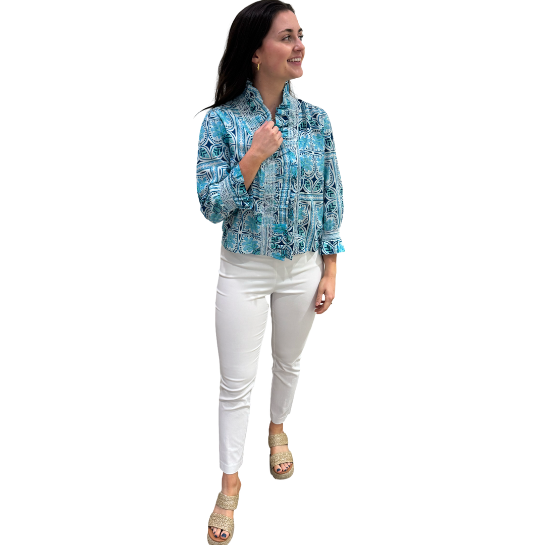 The Amelia Ruffle Front Cotton Top in Aqua Tile Print