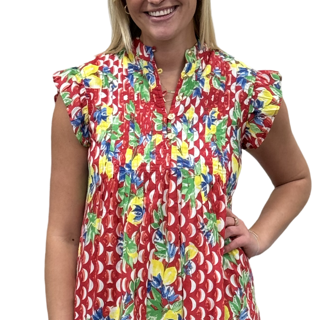 The Maggie Flutter Sleeve Dress in Red Floral Geometric — view 4