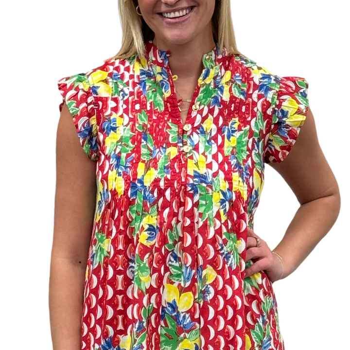 The Maggie Flutter Sleeve Dress in Red Floral Geometric — view 4