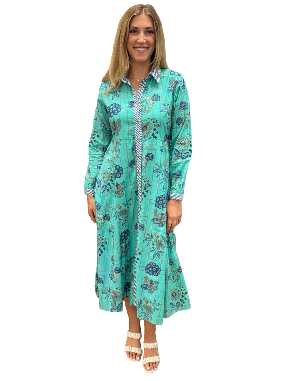 The Marion Button Front Dress in Teal Green Botanical Floral — view 2