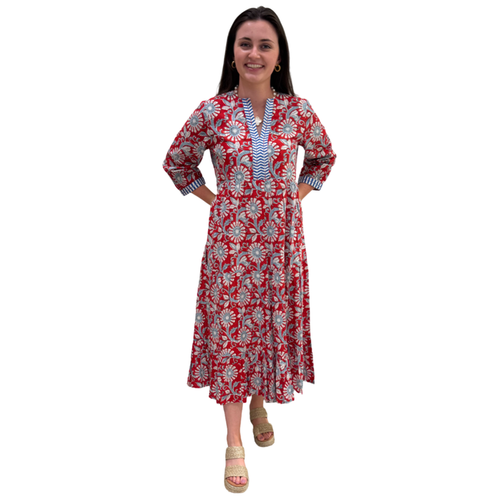 The Daniella Embroidered Trim Dress in Red and Blue Handblocked Floral