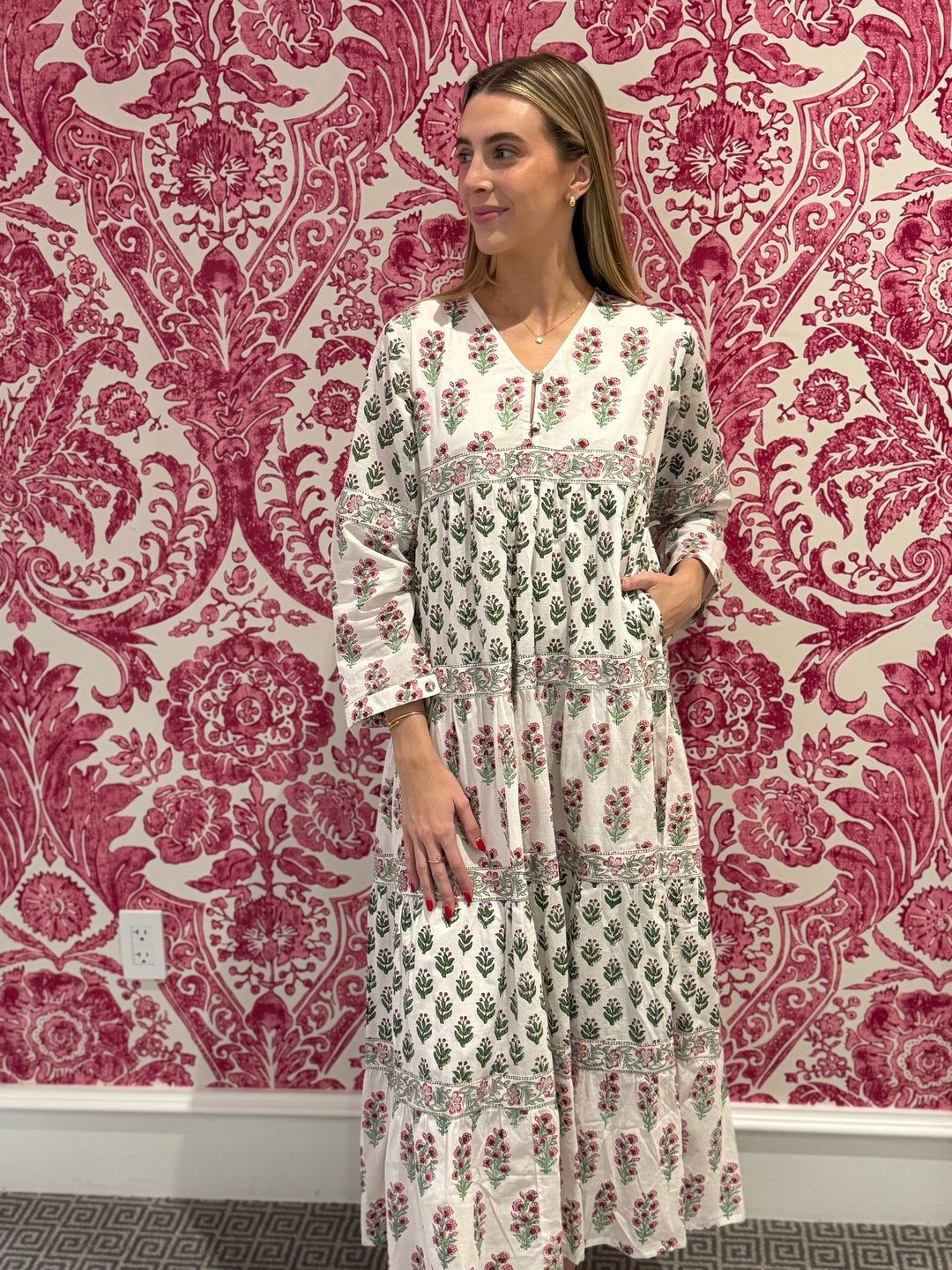 The Frances Cotton Maxi Dress in Pink and White — view 9