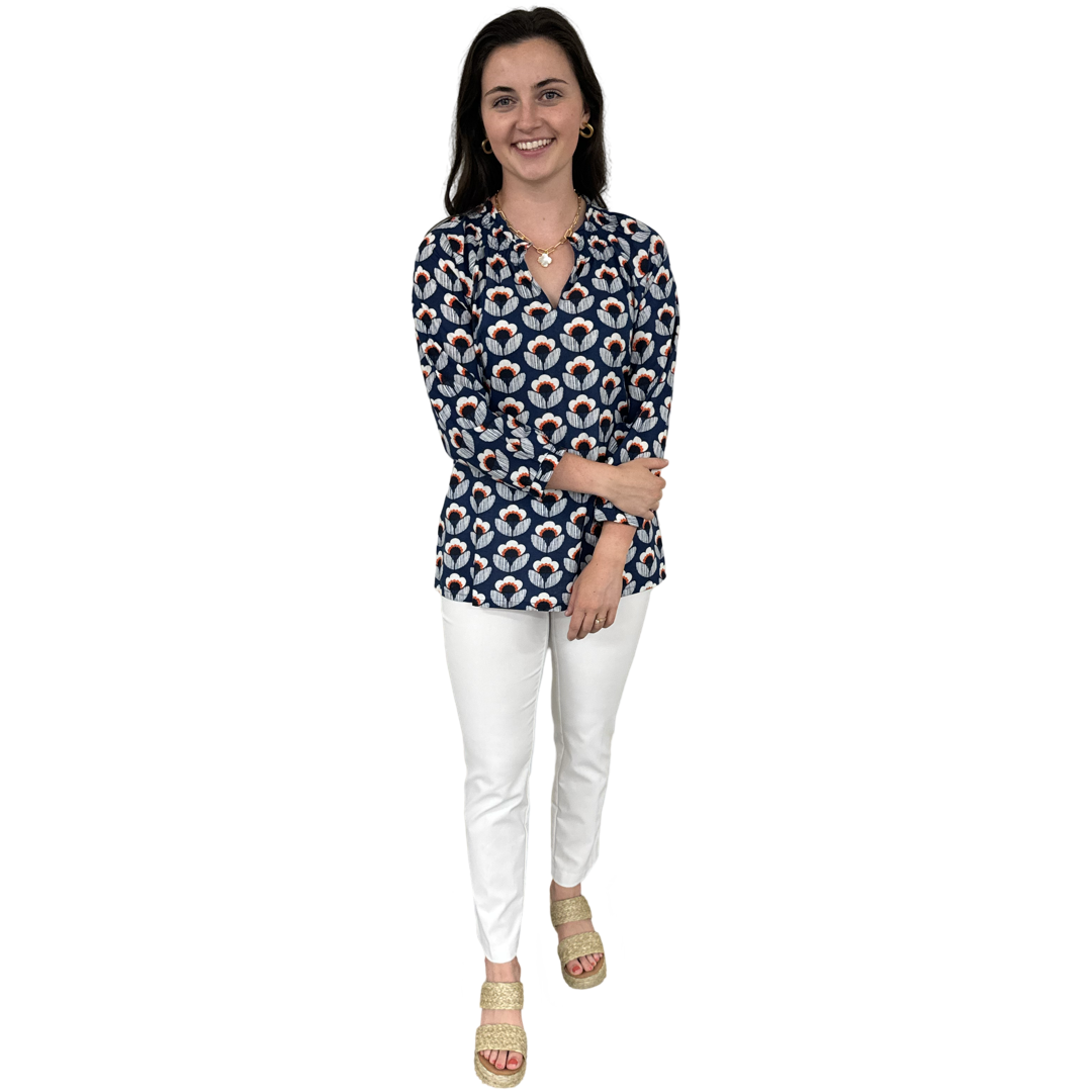 The Dahlia Smocked Neck Top in Navy and Orange Floral — view 5