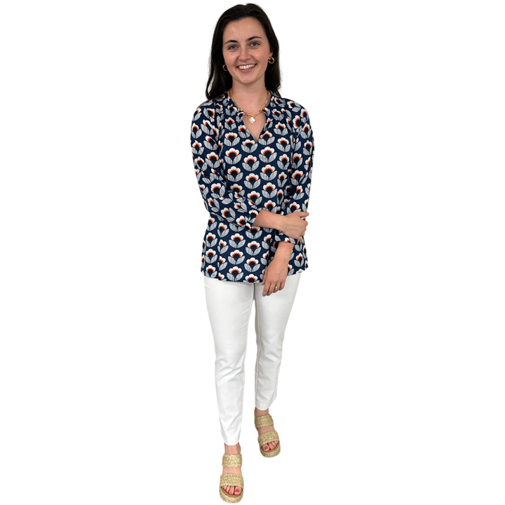 The Dahlia Smocked Neck Top in Navy and Orange Floral — view 5