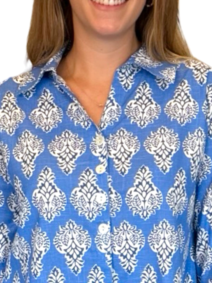 The Mason Button Back Top in Royal Blue Cotton Print