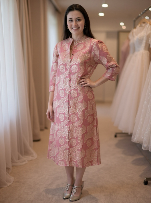 The Tabitha Button Front 3/4 Sleeve Dress in Rose Gold — view 8
