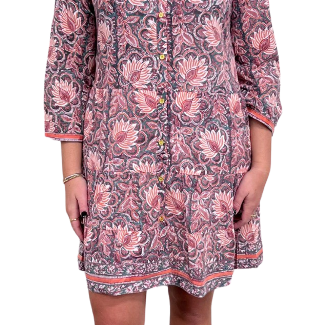 The Lacey Button Front Block Print Dress in Orange Green Floral — view 6