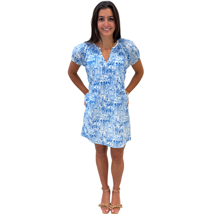 The Michelle Smocked Neck Dress in Blue and White Palm Beach Print — view 4