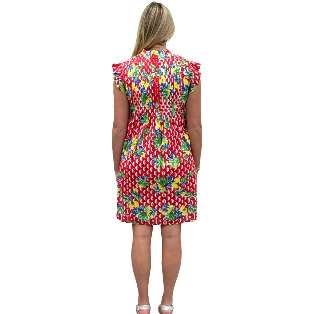 The Maggie Flutter Sleeve Dress in Red Floral Geometric — view 5