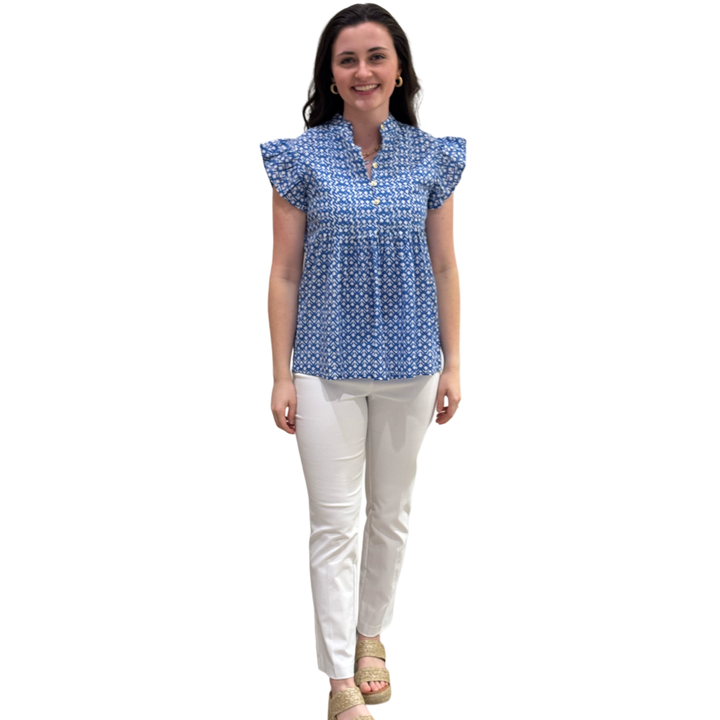 The Ava Pin Tuck Flutter Sleeve Top in Ocean Blue and White Floral — view 5