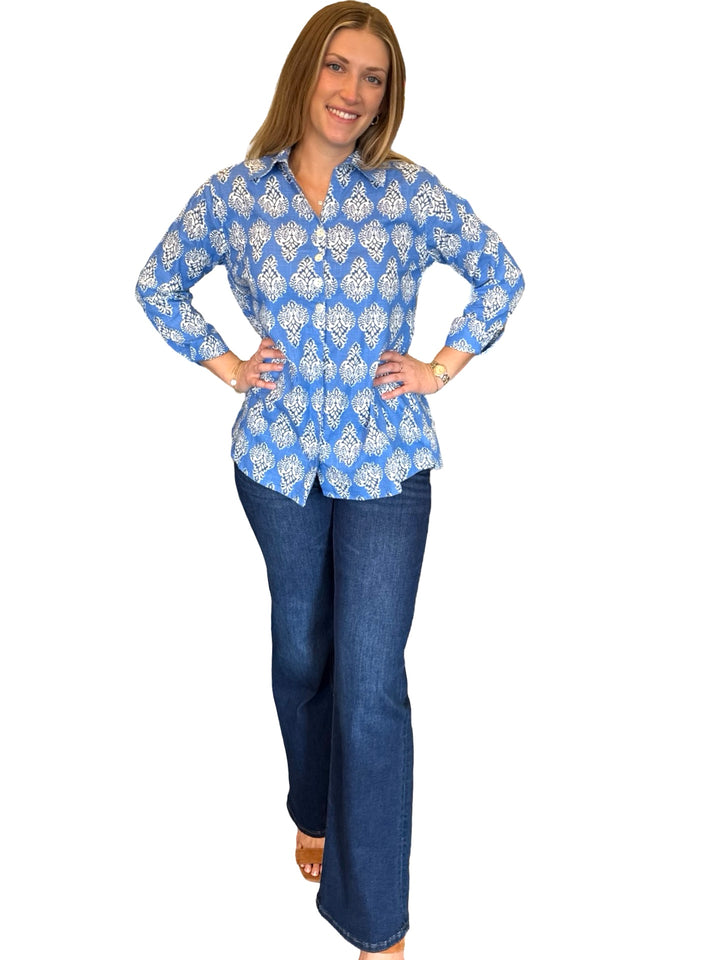 The Mason Button Back Top in Royal Blue Cotton Print