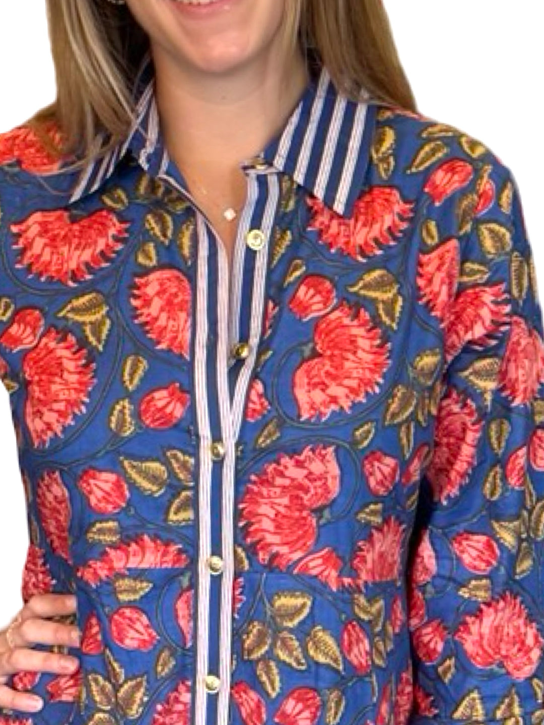 The Marion Button Front Dress in Blue Red Floral Print