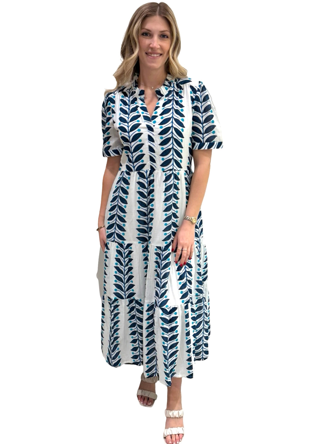 The Campbell Short Sleeve Cotton Dress in Blue Vine Print