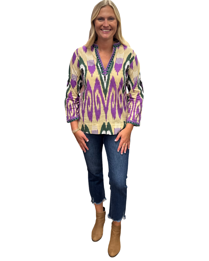 The Winslow Embroidered Trim Tunic in Green Purple Ikat