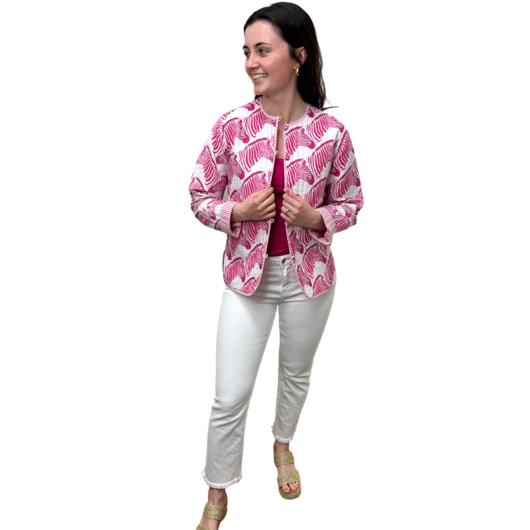 Show Your Stripes Madeline Quilted Cotton Reversible Pink and White Zebra Print Jacket — view 8