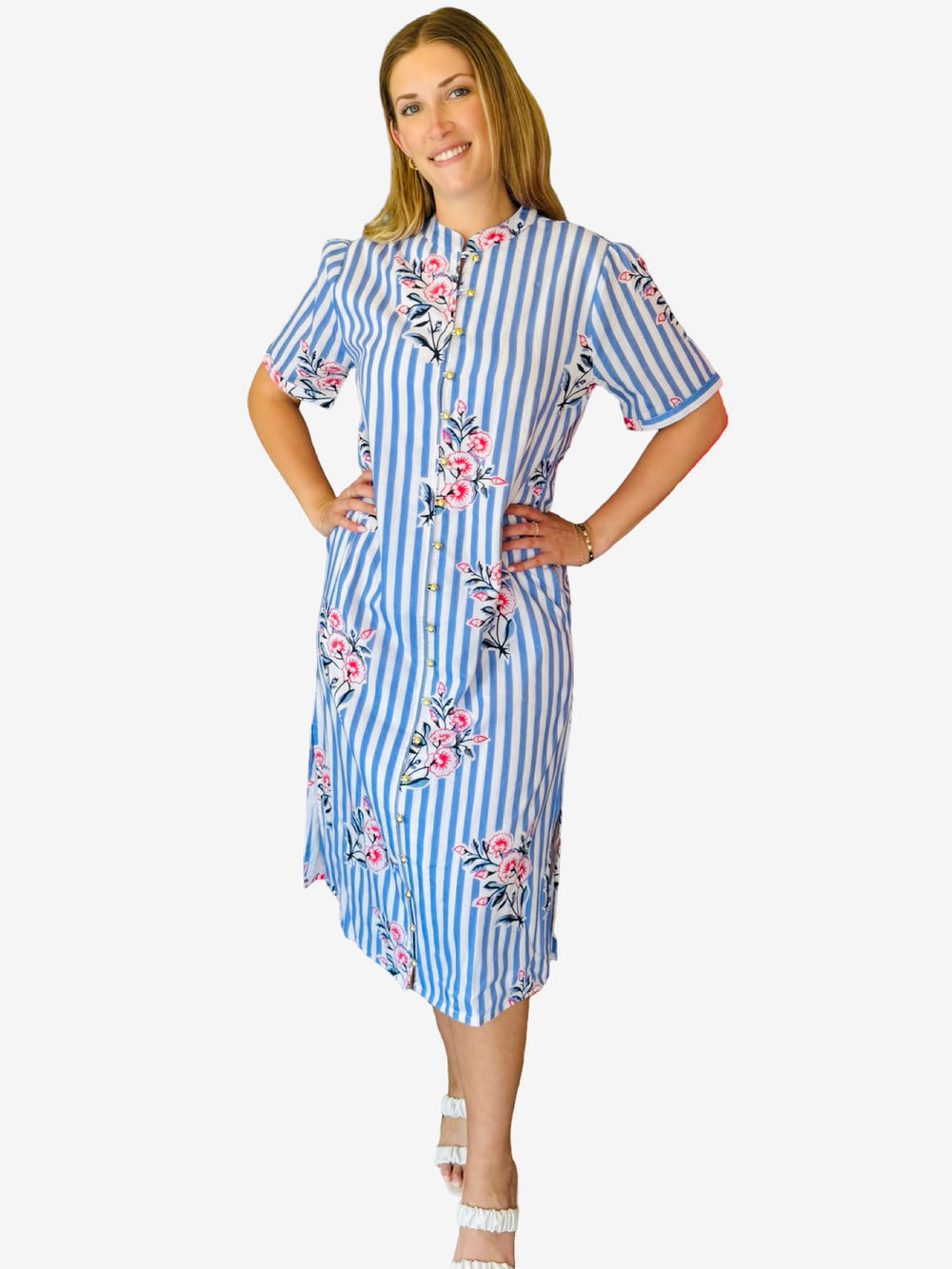 The Tabitha Short Sleeve Cotton Button Front Dress in Periwinkle Striped Floral — view 2