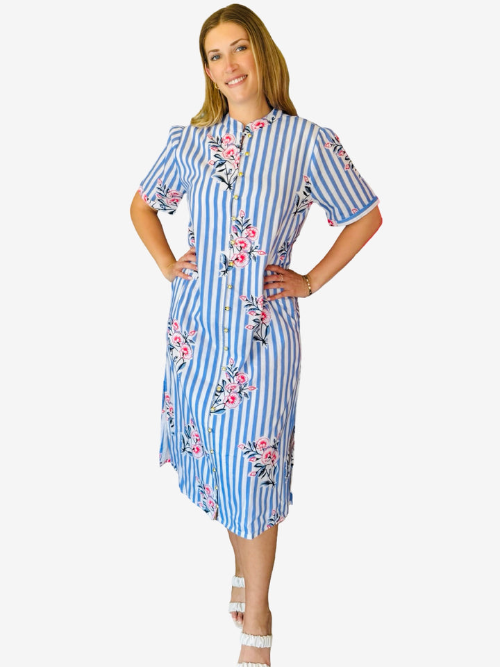 The Tabitha Short Sleeve Cotton Button Front Dress in Periwinkle Striped Floral — view 2