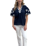 The Kelly Embroidered Top in Navy Blue and White