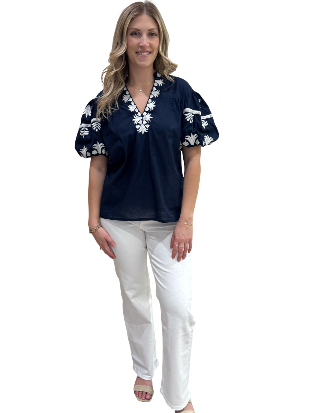 The Kelly Embroidered Top in Navy Blue and White
