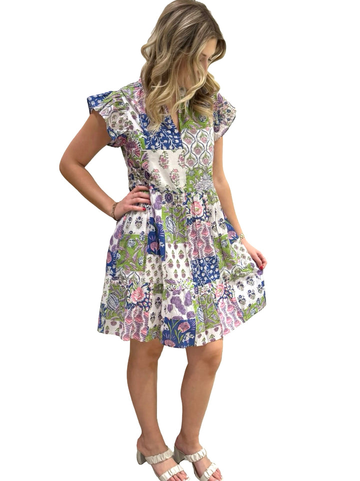 The Tinley Flutter Sleeve Dress in Vibrant Patchwork Cotton — view 2